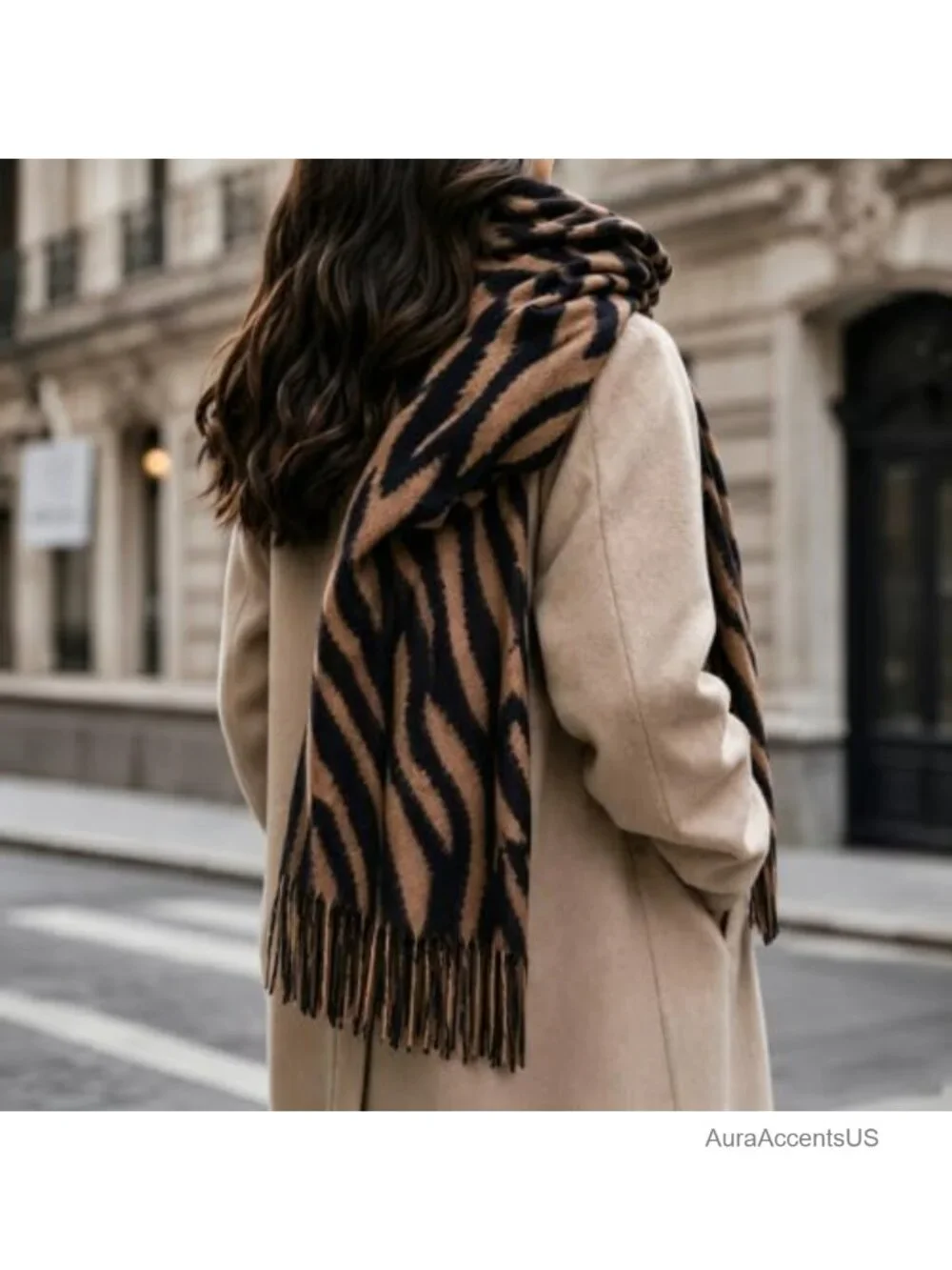 Oversized Zebra Stripe Scarf Shawl Wrap with Tassels - Soft Warm Winter